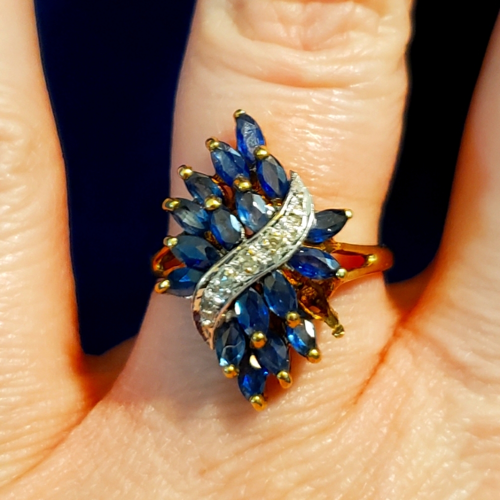 10K Yellow Gold Marquise Blue Sapphire and Diamond Ring.